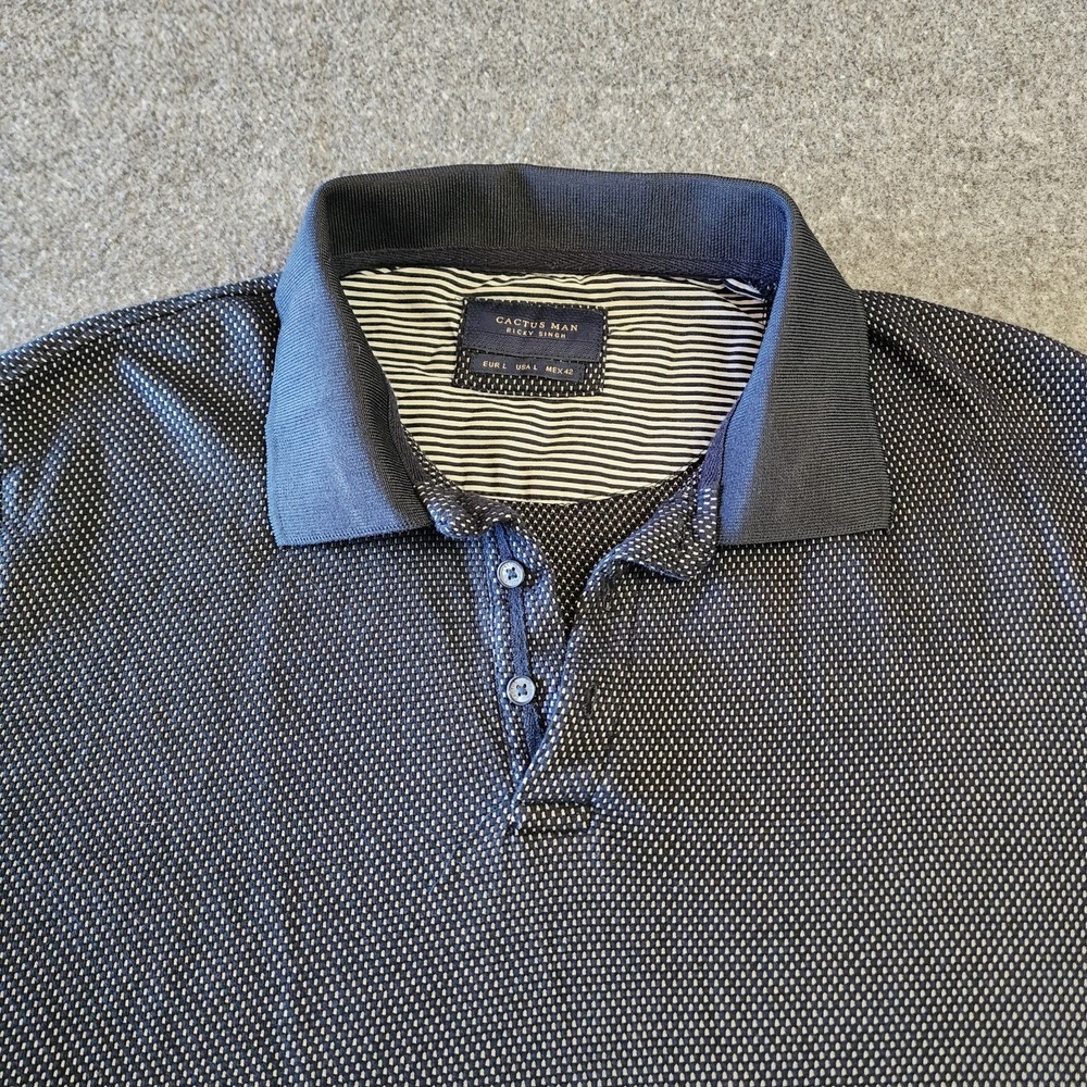 Cactus Man Ricky Singh Polo Shirt Mens Large Blue White Dot Short Sleeve